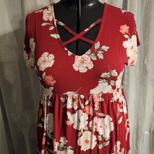 #199 Torrid size 1 super soft red floral babydoll top w/ crisscross & scoop neck